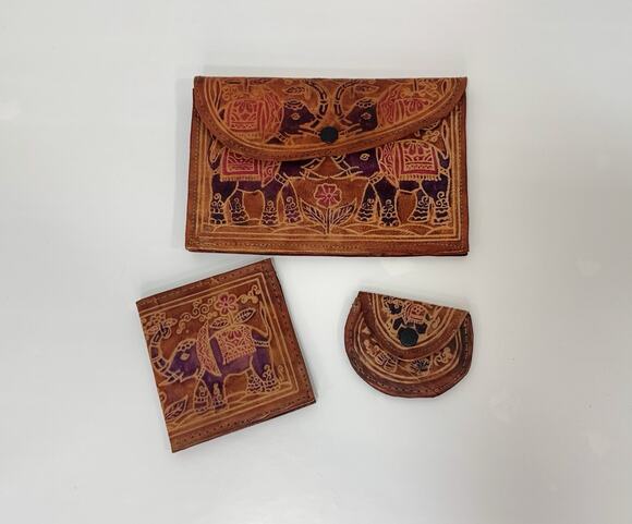 Unbranded Other - Vintage 3-Piece Leather Elephant Clutch Wallet Coin Hand Tooled India